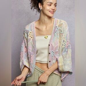 NWOT POL Crochet Floral Sheer Button Cardigan in Pastel Rainbow